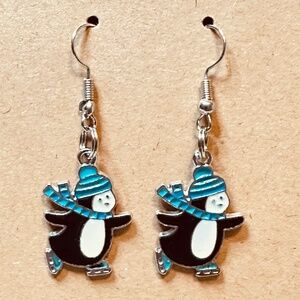 Stainless Steel Earring Hooks Penguin Ice Skating in Stocking Cap Scarf Handmade